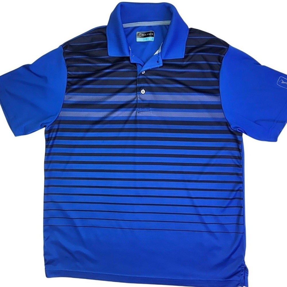 PGA Tour Mens Large Blue Navy Striped Short Sleeve Golf Polo Shirt Performance